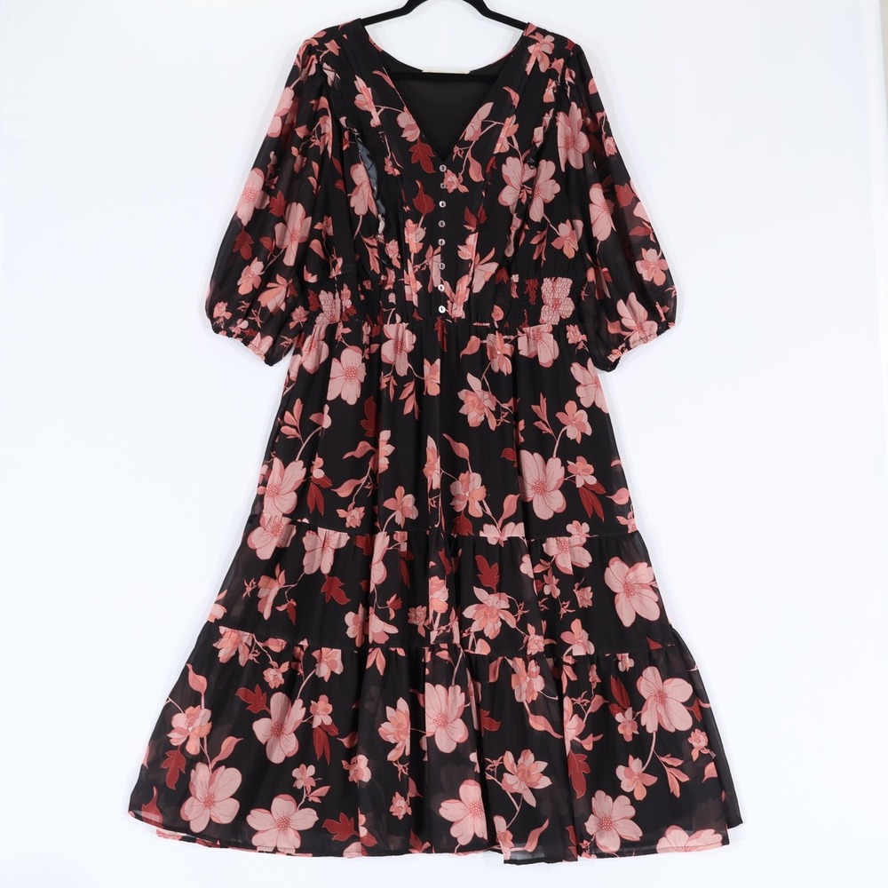 Wayward Fancies eShakti Floral Midi Dress Womens 2X Black Boho Witchy